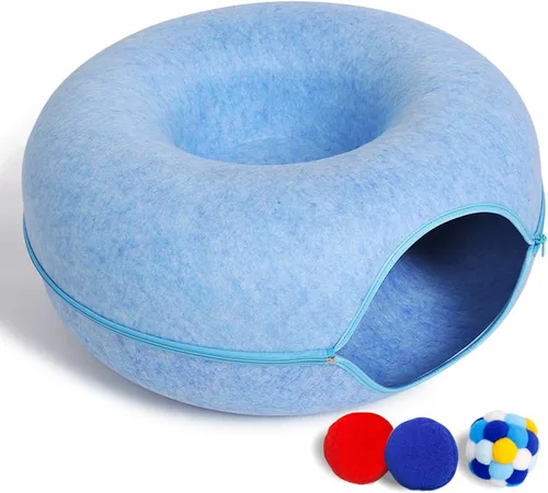 Cama túnel grande para gatos de interior con 3 juguetes, cama para gatos tipo dona resistente a arañazos, hasta 30 libras (L 24x24x11 pulg., azul)