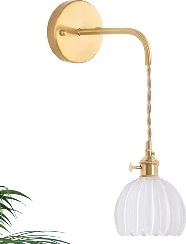 Miniatura 28 de Shenmoyl Candelabro de Pared Operado por Batería con Soporte de Cadena Ajustable, Patrón de Tulipán Verde, Vidrio con Diseño Retro en Oro, Lámpara