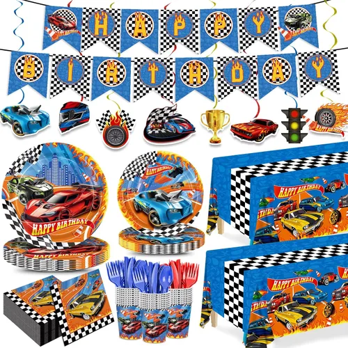 Juego de 179 platos de auto de carreras, servilletas, decoraciones de fiesta de cumpleaños, juego de vajilla desechable, vasos de papel, pancarta,
