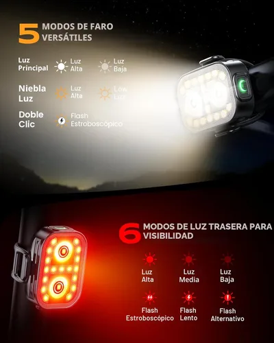 Miniatura 3 de WOCBUY Luces de bicicleta, juego de luces de bicicleta recargables ultradelgadas y ligeras, [5+6 modos] Luces de bicicleta dobles USB-C delanteras
