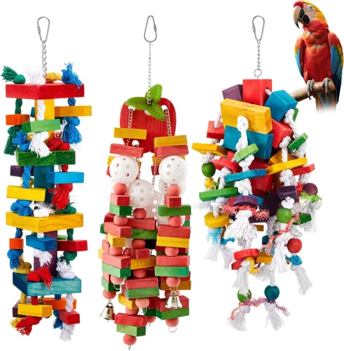 Miniatura 11 de Seenelling 3 piezas de juguete extra grande de loro de madera natural multicolor jaula de loro masticar juguetes para guacamayos grandes medianos