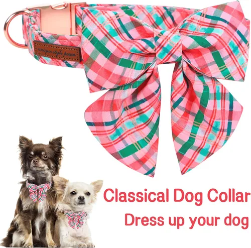 Miniatura 3 de Unique style paws Collar de perro con corbata, collar de perro a cuadros rosa y verde, el mejor regalo para perros pequeños, medianos y grandes, S