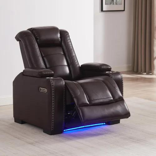 Miniatura 8 de THSUPER Silla reclinable Power Theater de cuero marrón con almacenamiento de brazos y luces LED, reclinable con reposacabezas eléctrico y portavasos