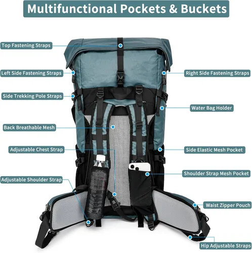 Miniatura 5 de Mochila de senderismo, 40L a 50L de capacidad extra grande, bolsa de senderismo, mochila de campamento con marco interno, mochila deportiva ligera