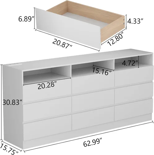 Miniatura 2 de Gyfimoie Cómoda de 9 cajones con toma de corriente, cómoda moderna blanca con luces LED, cómodas de madera con soporte para TV, organizador