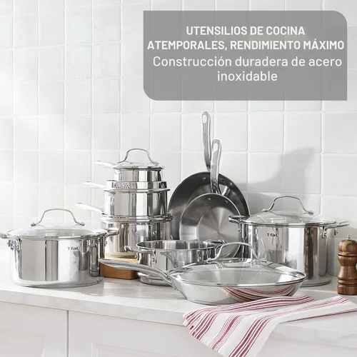 Miniatura 3 de T-fal Gourmet - Juego de utensilios de cocina de acero inoxidable de 15 piezas, ollas y sartenes, apto para lavavajillas, apto para horno hasta 500