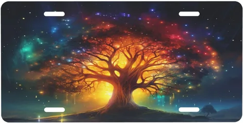 Miniatura 20 de Árbol de la vida - Placa de matrícula colorida abstracta divertida de aluminio para placas delanteras decorativas, impermeables, sin óxido, A
