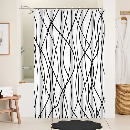 Miniatura 37 de Cortina de ducha pequeña a rayas gris claro degradado para baño, 36 x 72 pulgadas, juego de cortina de ducha geométrica para cabina de RV