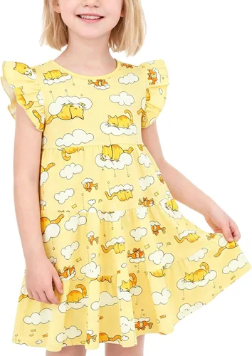 Miniatura 20 de Vestido casual para niñas, de algodón suave, manga corta, transpirable, acampanado, para adolescentes, talla 2T, 3T, 4T, 5, 6, 7, 8, 9, 10, 12, 13