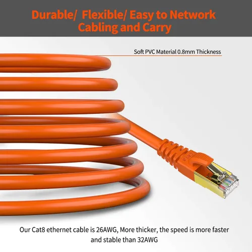 Miniatura 6 de Cable Ethernet CAT 8 blindado SFTP para red de Internet, cables LAN de alta velocidad resistentes con conector RJ45 chapado en oro, profesional