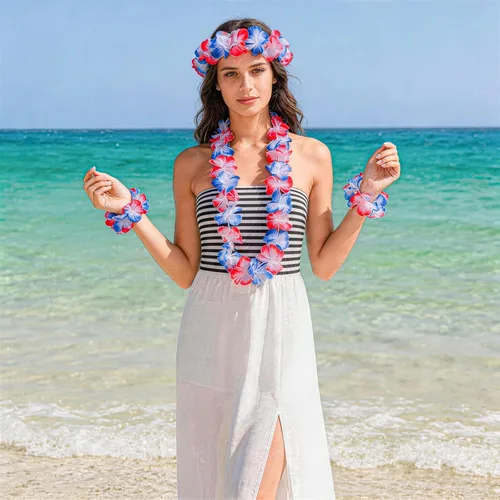 Miniatura 4 de Garma Juego de 48 collares hawaianos de Luau Leis, paquete de 12 collares de flores tropicales con pulseras para recuerdos de fiesta Luau