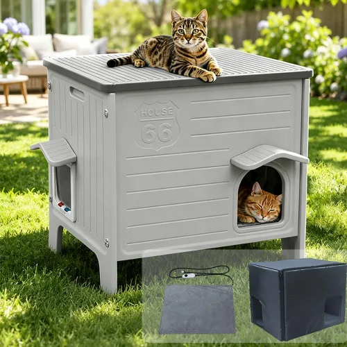 Miniatura 11 de Rockever Casa impermeable para gatos al aire libre, casa aislada para gatos al aire libre con alfombrilla suave, casa elevada para gatos al aire