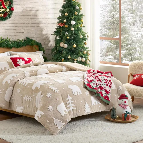 Miniatura 3 de Amélie Home Juego de edredón de Navidad tamaño Queen, juego de ropa de cama de Navidad esponjoso con oso polar, edredón de felpa de forro polar