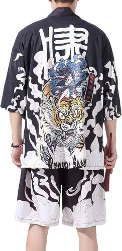 Miniatura 6 de PRIJOUHE Conjunto de kimono de estilo japonés para hombre, ligero, casual, con siete mangas, frente abierto, cárdigan y pantalones cortos