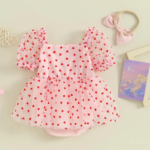 Miniatura 3 de Lesimsam Mameluco para bebé recién nacida, para el día de San Valentín, con estampado de corazón, de malla, manga abombada, traje de tul con diadema
