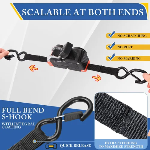 Miniatura 4 de Correas de trinquete retráctiles de doble extremo de 1 pulgada x 16 pies, correas de amarre autoretráctiles resistentes de 1500 libras, nailon