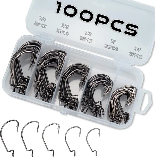 Ganchos de pesca de gusano compensados, ganchos de pesca de lubina, 3X-fuertes ganchos de gusano de acero de alto carbono, cebos suaves para señuelo