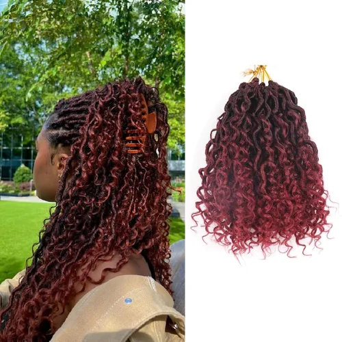 Miniatura 19 de Cabello de Crochet de 8 Pulgadas para Mujeres Negras, 7 Paquetes de Cabello de Crochet Goddess Locs con Puntas Rizadas, Locs Falsos Cortos con Bucle