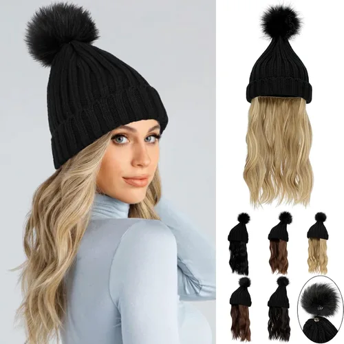 Miniatura 7 de Gorro de peluca con extensiones de cabello largo ondulado – Gorro de punto acanalado con pompón unido 14 pulgadas rizado sintético postizo