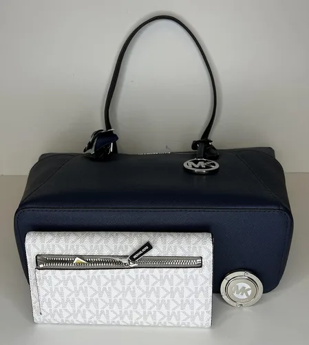 Miniatura 6 de Michael Kors Charlotte Bolso grande con cremallera y gancho triple a juego azul marinoSignature MK blanco brillante NavySignature Mk Bright White