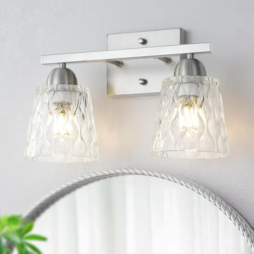 Miniatura 13 de Mecgirn Stainless Steel Bathroom Vanity Light Over Mirror, 1 Light Brushed Gold Bathroom Light Fixtures with Textured Glass Shades, Modern Vanity