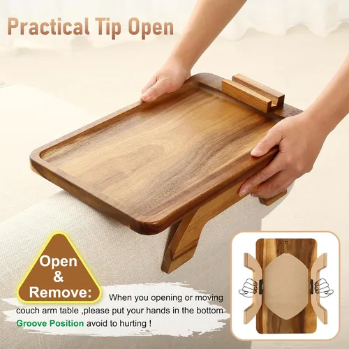 Miniatura 5 de SINWANT Mesa de Brazo para Sofá, Mesas de Reposabrazos de Sofá de Madera de Acacia, Mesa de Reposabrazos de Sofá con Soporte para Teléfono de 360°