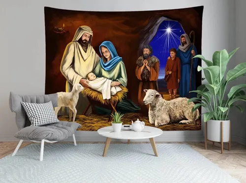 Miniatura 3 de CORFOTO Tela 106 pulgadas de ancho x 70 pulgadas de alto, tapiz para colgar en la pared, tapiz de pared cristiano de nacimiento de Jesús, pesebre