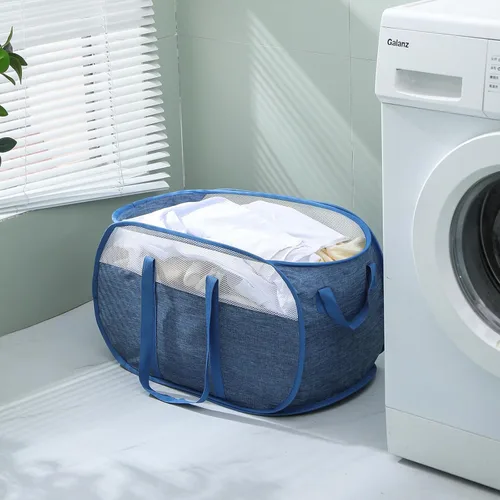 Miniatura 3 de MOOMASS Cesta de lavandería plegable, de malla, con correas extendidas para los hombros, asas resistentes y tela catiónica de primera calidad (azul)