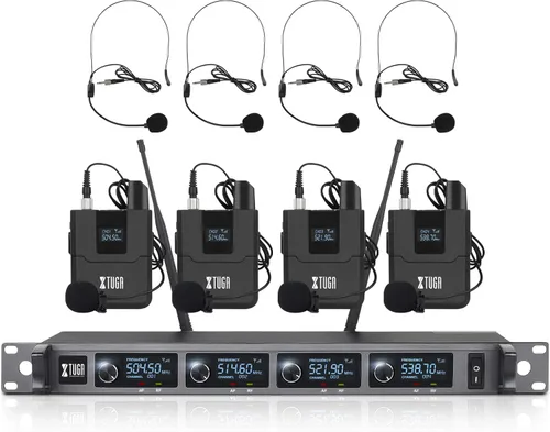 XTUGA Sistema de micrófono inalámbrico A140, juego de micrófono inalámbrico UHF de 4 canales con cuatro micrófonos BodyPack, construcción totalmente