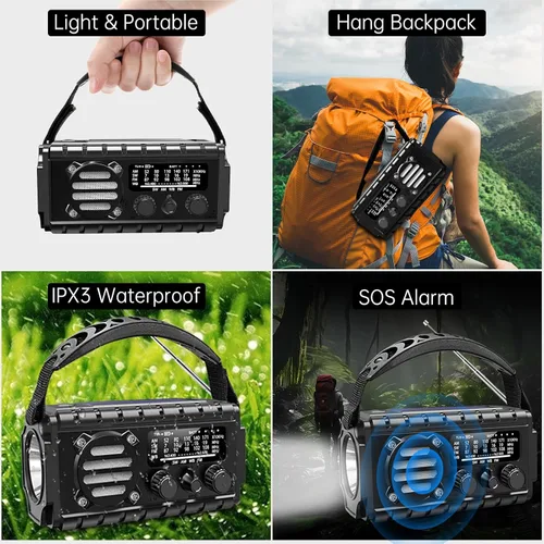 Miniatura 5 de Radio de emergencia con manivela solar, radio meteorológica AM/FM/SW NOAA integrada de 20000 mAh, batería grande, cargador tipo C, linterna, luz