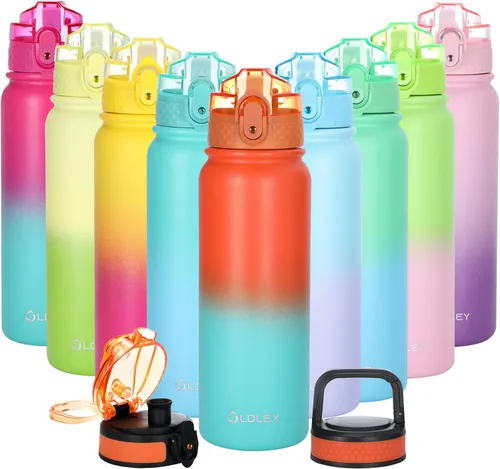Miniatura 35 de Oldley Botella de Agua Aislada con Pajilla de 20oz, Botellas de Agua de Acero Inoxidable con 3 Tapas, Aislamiento al Vacío de Doble Pared Térmica