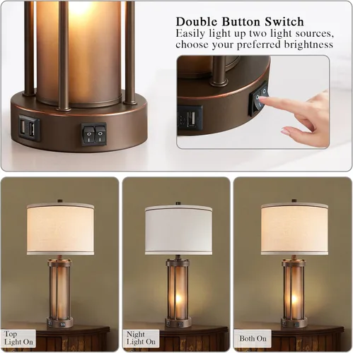 Miniatura 3 de Juego de 2 lámparas de mesa de estilo granja para sala de estar con 2 puertos de carga USB, lámparas rústicas vintage para mesita de noche con luz