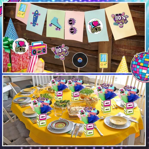 Miniatura 6 de 6 juegos de decoraciones retro de los años 80 para fiestas de los 80, centros de mesa retro de hip hop con caja de cinta de casete recortes y palos