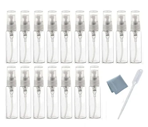 Juego de 10 pulverizadores de la marca Elfenstal en botellas de vidrio vacías y rellenables con paño para limpiar para viajes y fiestas con pipeta
