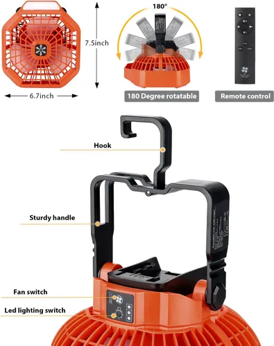 Miniatura 6 de Taingwei Ventilador portátil con control remoto para batería de litio BLACK+DECKER de 20 V, ventilador de camping con 3 ajustes de velocidad