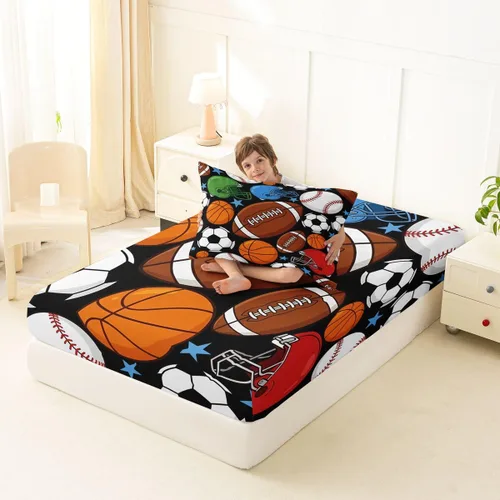 Miniatura 4 de Feelyou Football Bed Sheets Set Twin Size Basketball Sports Deep Pocket Fitted Sheet Soccer Ball Game Bedding Sets Black Baseball Gaming Soft Bed