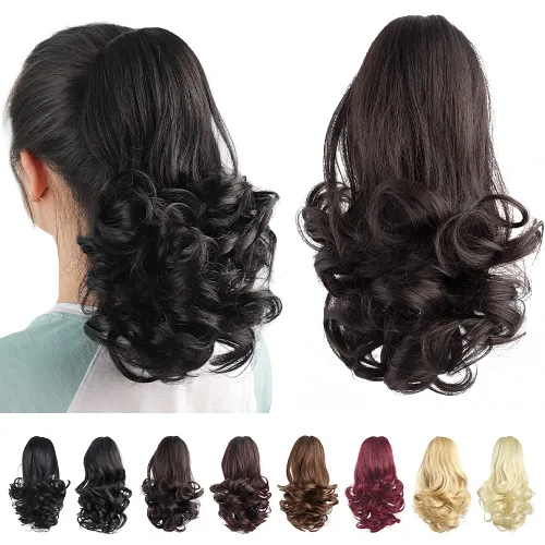 Miniatura 9 de Extensiones de cola de caballo, extensiones de cabello rizado con clip de garra de color marrón oscuro para mujer, peluca sintética de cola
