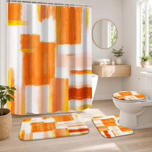 Miniatura 20 de Lnond 4 Piezas Juegos de Cortinas de Ducha de Baño Moradas con Alfombras, Arte de Pintura Púrpura y Gris Juegos de Baño con Cortina de Ducha
