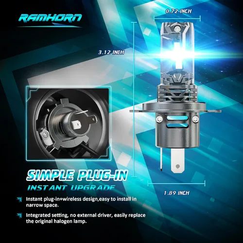 Miniatura 3 de RAMHORN Bombillas H4, bombillas 9003, 500% de brillo, diseño mejorado de 6500 K, luz antiniebla blanca fría Plug N-Play, paquete de 2