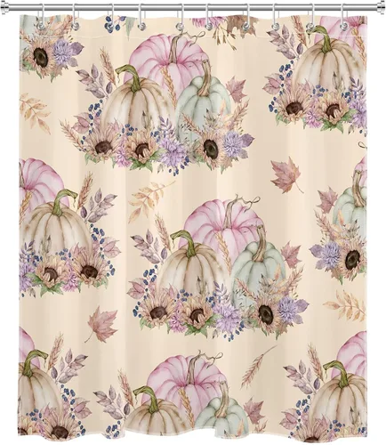 Miniatura 2 de LB Cortina de ducha de calabaza otoñal, calabaza en acuarela rosa con girasol sobre fondo beige, cortina de ducha de cosecha de otoño, decoración