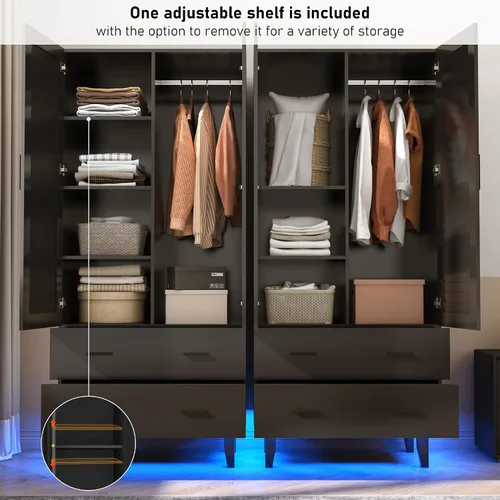 Miniatura 4 de Hlivelood Armario Ropero Closet de 2 Puertas con Espejo, Cajones y Luces LED, Estantes de Múltiples Niveles, Barra Colgante y 2 Puertas de Persiana