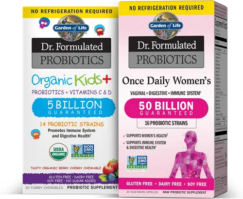 Garden of Life Paquete de probióticos para niños y mujeres: probióticos Dr. Formulados Kids+ Berry Cherry 5 mil millones de UFC - 30 masticables +