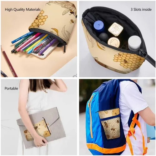 Miniatura 6 de Swono Honey Bees Wildflowers Estuche para lápices Retro Grabado Sombreado Stand Up Estuche Organizador Portalápices Bolsa de Cosméticos para Mujeres