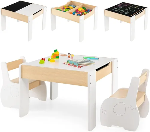 Miniatura 10 de Costzon Juego de mesa y silla para niños, mesa de actividades de madera 4 en 1 y 2 sillas con pizarra desmontable para arte, manualidades, dibujo