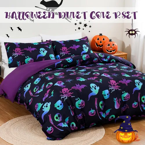 Miniatura 2 de Menghomeus Juego de ropa de cama de Halloween, tamaño King, color negro, juego de funda de edredón con diseño de calabaza y fantasma de dibujos