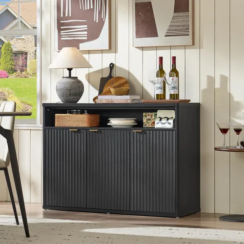 Miniatura 8 de LEYAOYAO Gabinete de buffet acanalado con almacenamiento, aparador de madera de 45 pulgadas de ancho con 3 puertas y estante de almacenamiento