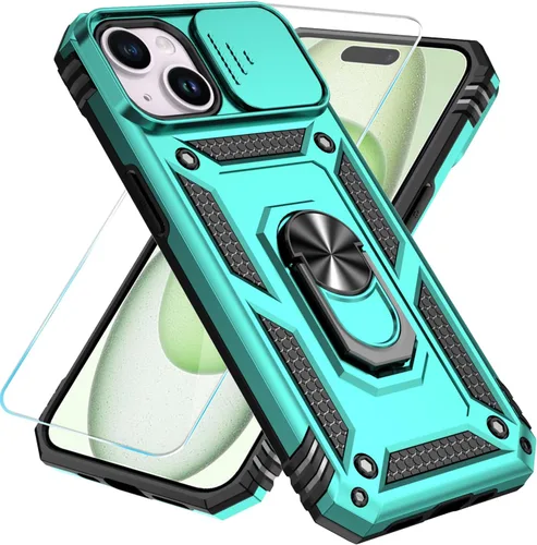 Miniatura 25 de SunStory Funda compatible con iPhone 15 con protector de pantalla HD, cubierta de cámara deslizante y soporte de anillo giratorio, [grado militar]