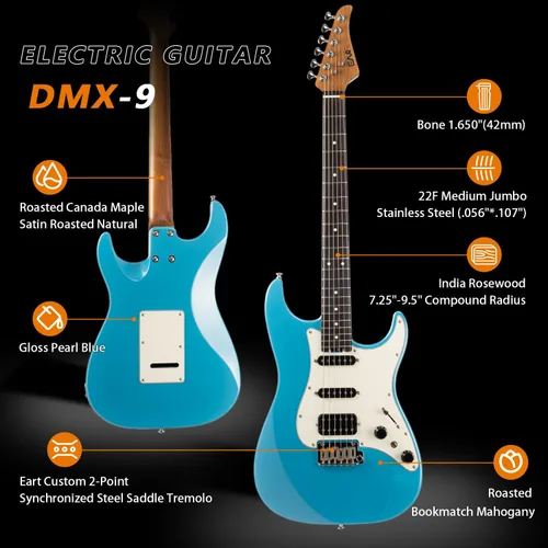 Miniatura 2 de EART Guitarra eléctrica DMX-9, puente de trémolo de 6 cuerdas, pastillas Humbucker, cuerpo sólido, guitarras con interruptor de 5 vías