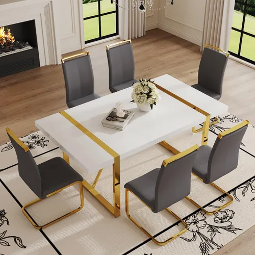 Miniatura 12 de Mesa de comedor Ebullient para 4, mesa de comedor rectangular negra de MDF, tapa de mesa de cena de mármol falso, mesa de comedor moderna con marco