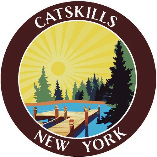 Lake Dock - Catskills - Nueva York 3.5" DIY Adhesivo de vinilo adhesivo de aventura vacaciones tema novedad apliques Rojo y marrón